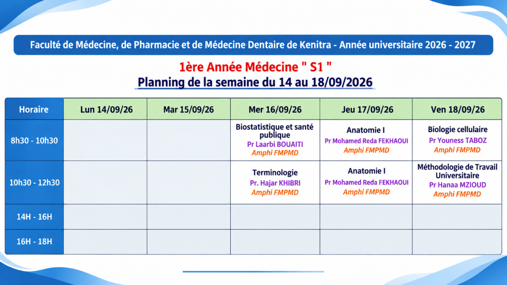 Planning des Cours – 1ère Année Médecine S1 | Semaine du 14 au 18 Septembre 2026
