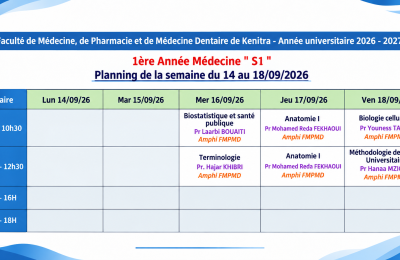 Planning des Cours – 1ère Année Médecine S1 | Semaine du 14 au 18 Septembre 2026