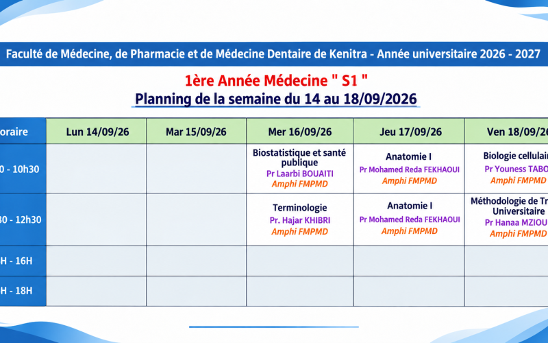 Planning des Cours – 1ère Année Médecine S1 | Semaine du 14 au 18 Septembre 2026