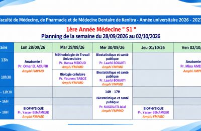 Planning des Cours – 1ère Année Médecine S1 | Semaine du 28 Septembre au 2 Octobre 2026