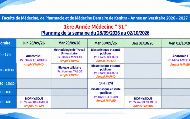 Planning des Cours – 1ère Année Médecine S1 | Semaine du 28 Septembre au 2 Octobre 2026