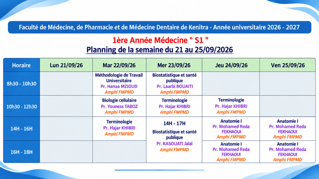 Planning des Cours – 1ère Année Médecine S1 | Semaine du 21 au 25 Septembre 2026