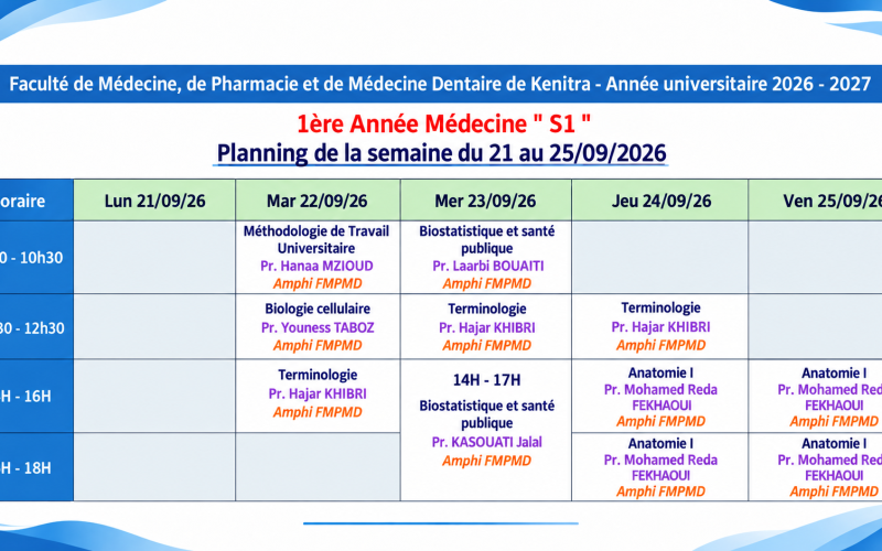 Planning des Cours – 1ère Année Médecine S1 | Semaine du 21 au 25 Septembre 2026