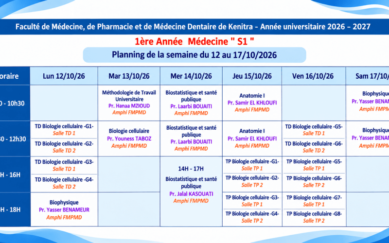 Planning des Cours – 1ère Année Médecine S1 | Semaine du 12 au 17 Octobre 2026