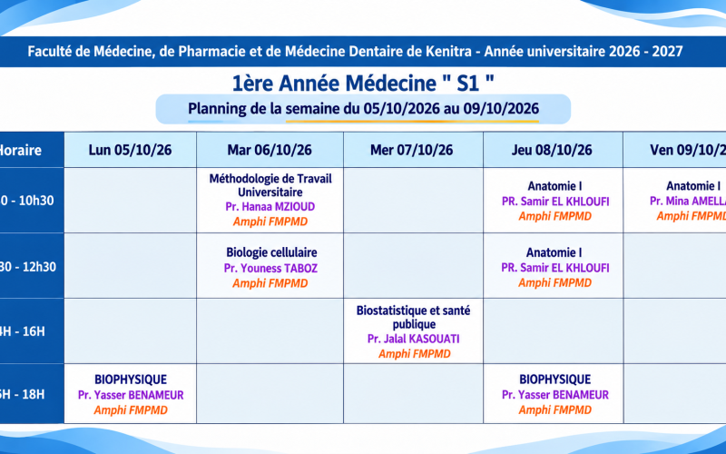 Planning des Cours – 1ère Année Médecine S1 | Semaine du 5 au 9 Octobre 2026